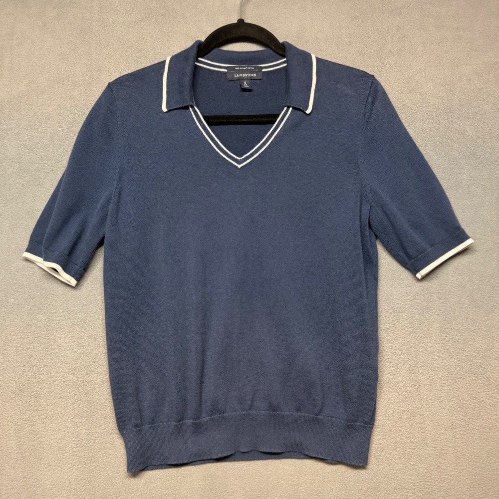 Lands End Sweater Short‎ Sleeve Supima Cotton V-Neck Polo Small Blue Preppy